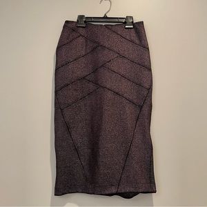 metallic deep purple midi pencil skirt
